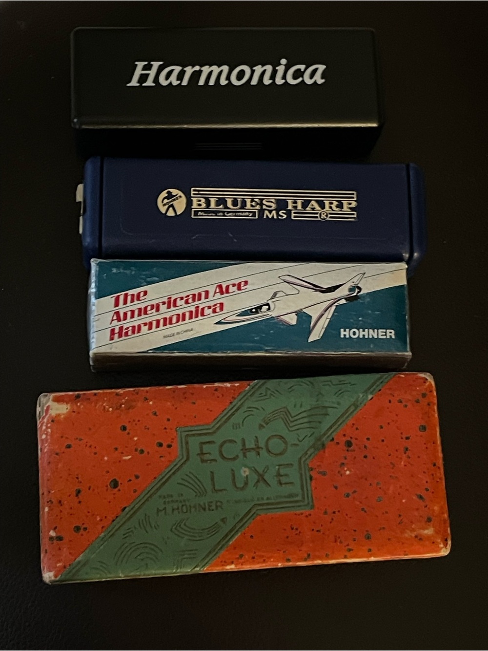 4 Hohner Echo-Luxe & Assorted Harmonica Set - Orange/Green/Blue/Black